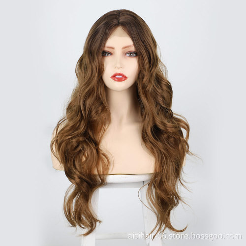 Aisi Hair Hot Selling Soft Natural Brown  Small Lace Front Expression Synthetic For White Women Fiber Long Body Wave Wig
